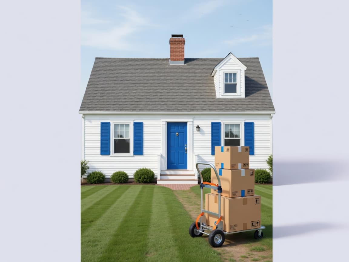 Cape Cod style house with blue #2563eb shutters and door, and a moving dolly stacked with cardboard boxes on the front lawn