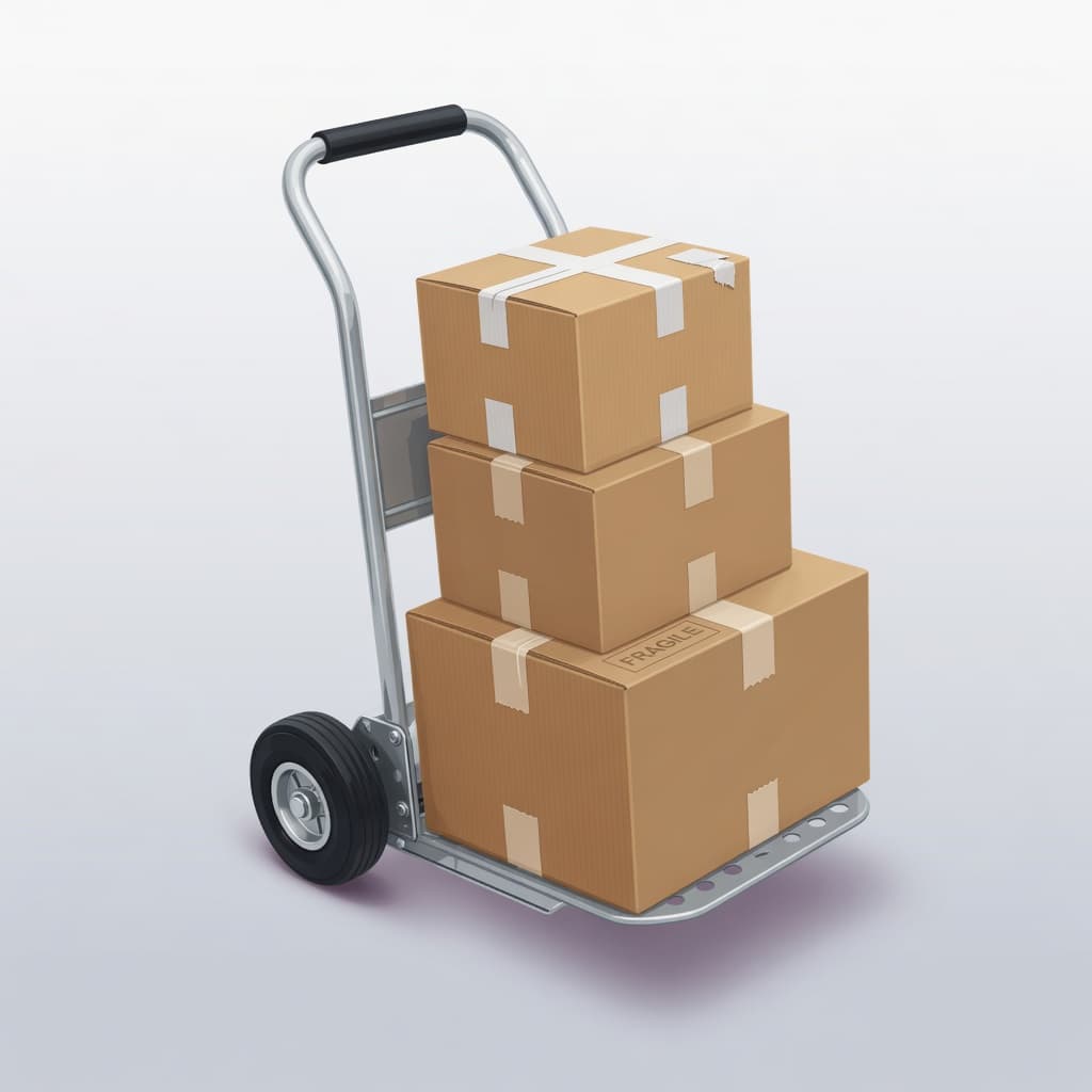 Moving dolly stacked with sealed cardboard boxes